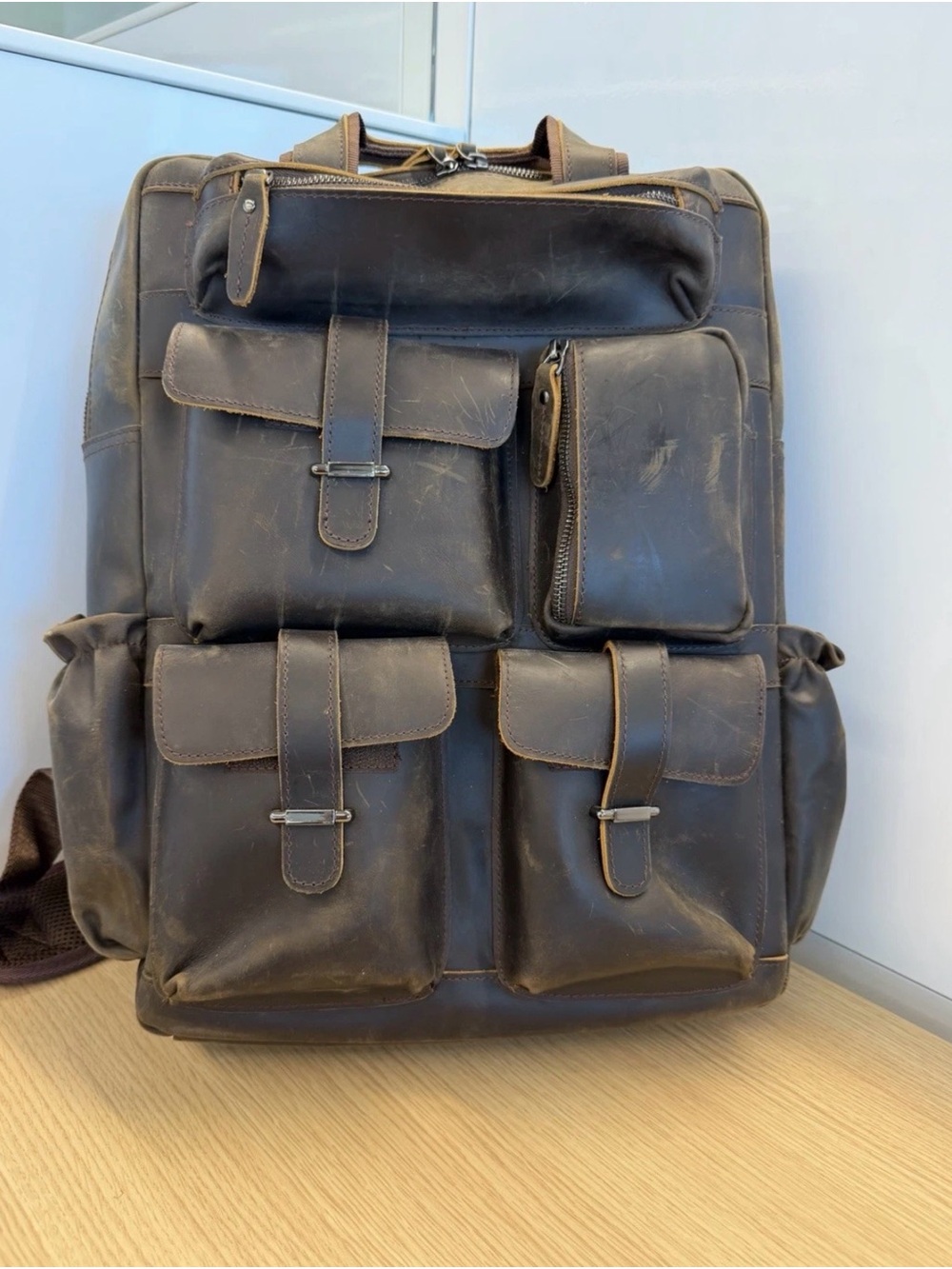 Source Unknown Brown Leather Multi-Pocket Men's Backpack